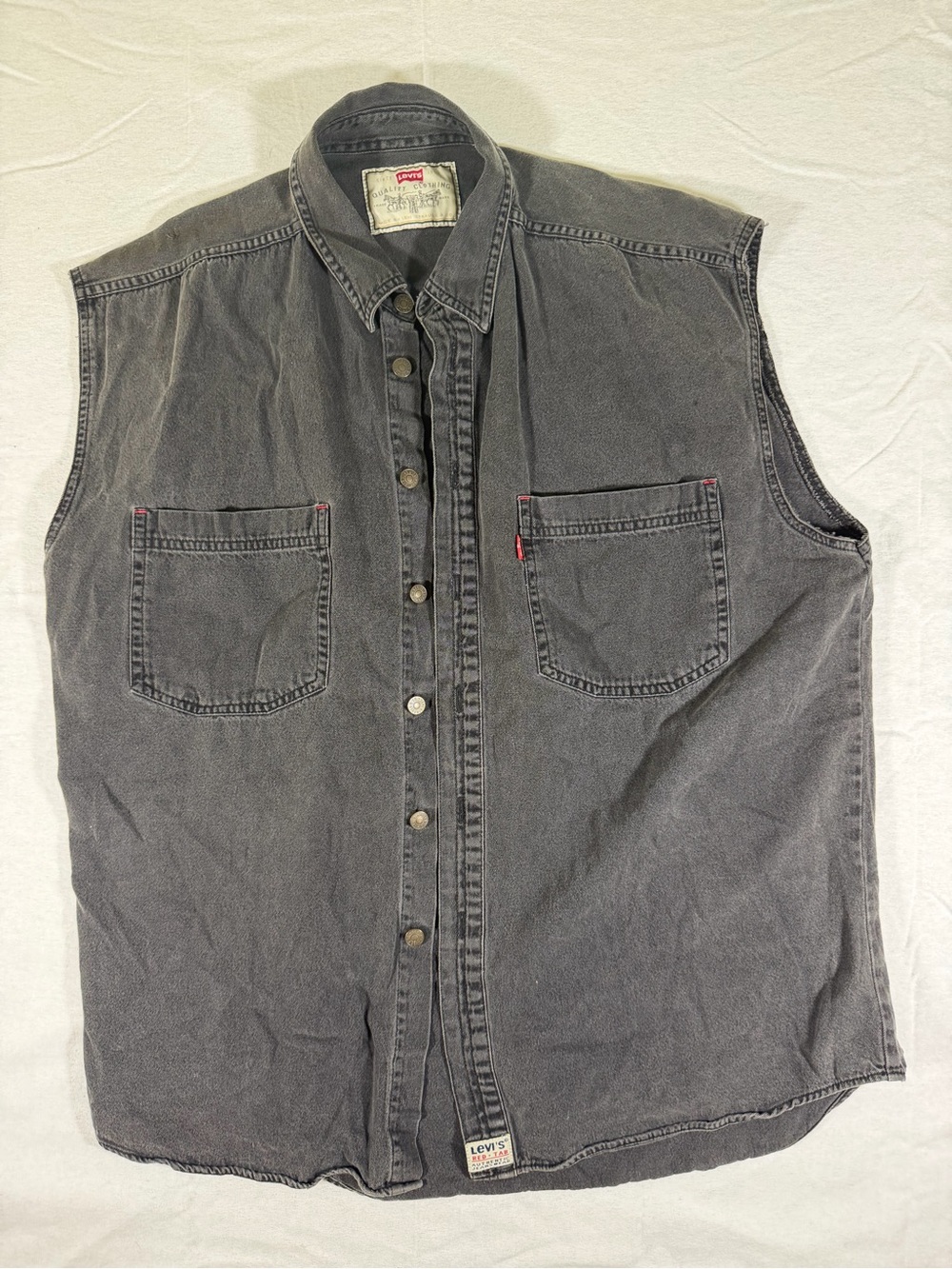 90s Levi's Men's Sleeveless Button-Up Denim Shirt - Faded Black Size M